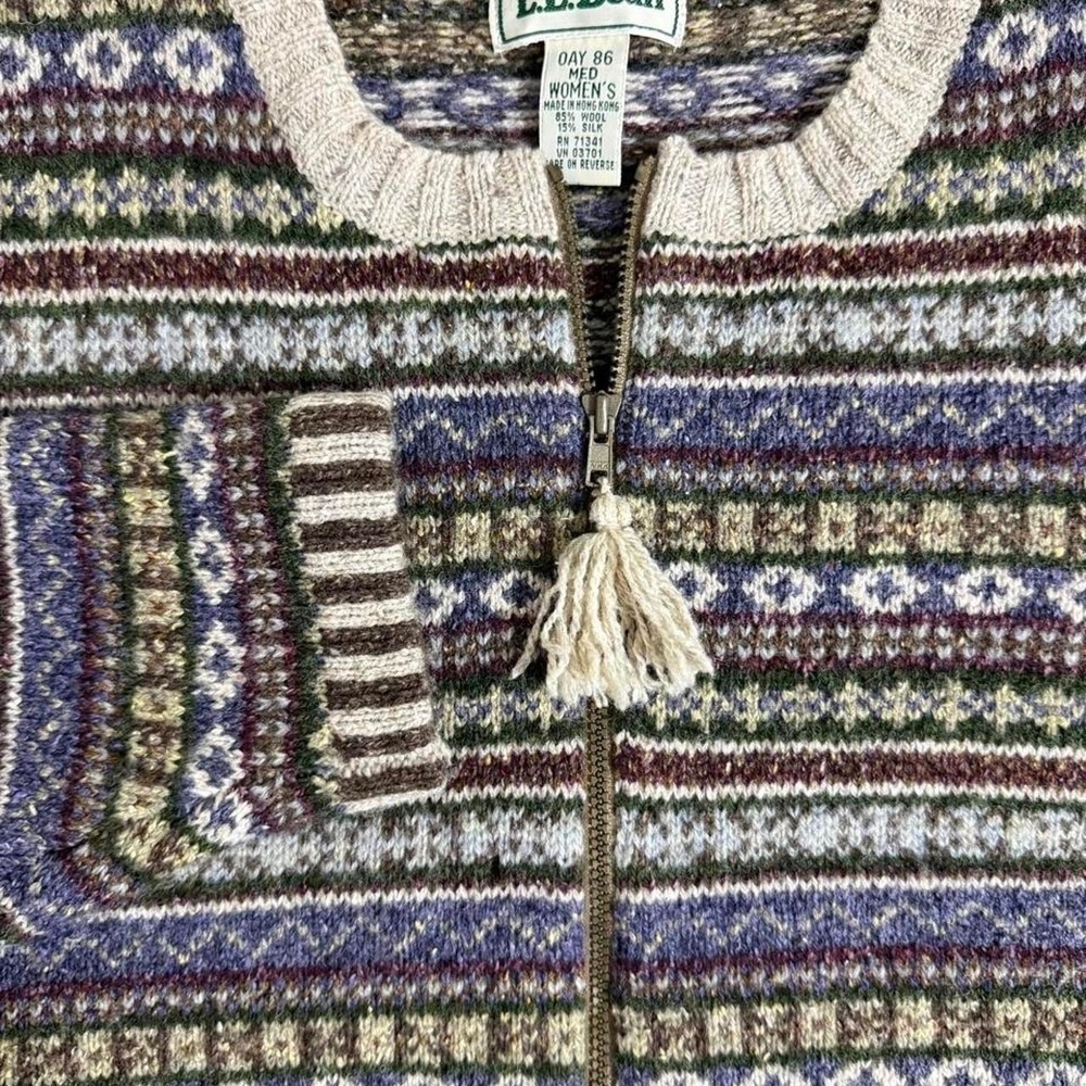 Vtg L.L.Bean Women's Zip Up Sweater geometric pattern M muted colors wool blend